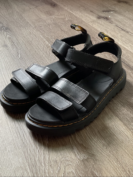 Dr. Martens Shoes - Dr. Martens Klaire Y Black Leather Platform Sandals with Yellow Stitching